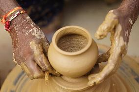 Indian Potter Gives Final Touches to Karva Pot - Ajmer