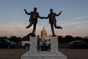 Donald Trump and Jeffrey Epstein Holding Hands Statue Reinstalled - Washington