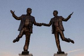 Donald Trump and Jeffrey Epstein Holding Hands Statue Reinstalled - Washington