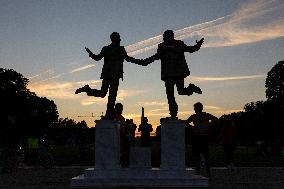 Donald Trump and Jeffrey Epstein Holding Hands Statue Reinstalled - Washington