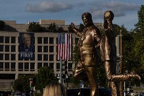 Donald Trump and Jeffrey Epstein Holding Hands Statue Reinstalled - Washington