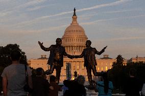 Donald Trump and Jeffrey Epstein Holding Hands Statue Reinstalled - Washington