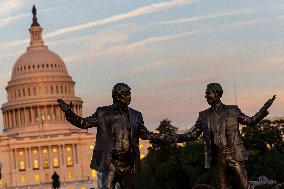 Donald Trump and Jeffrey Epstein Holding Hands Statue Reinstalled - Washington
