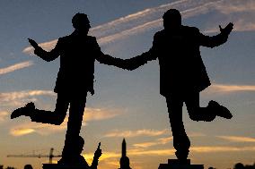 Donald Trump and Jeffrey Epstein Holding Hands Statue Reinstalled - Washington