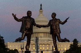Donald Trump and Jeffrey Epstein Holding Hands Statue Reinstalled - Washington