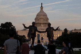 Donald Trump and Jeffrey Epstein Holding Hands Statue Reinstalled - Washington