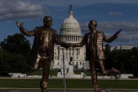 Donald Trump and Jeffrey Epstein Holding Hands Statue Reinstalled - Washington