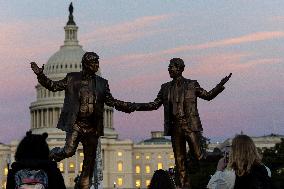 Donald Trump and Jeffrey Epstein Holding Hands Statue Reinstalled - Washington
