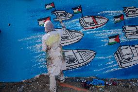 Mural Depicting the Sumud World Flotilla - Gaza