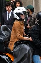 PFW - Emma Watson Leaving Miu Miu Show On Moto Taxi