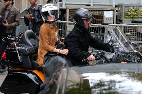 PFW - Emma Watson Leaving Miu Miu Show On Moto Taxi