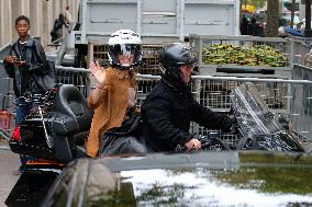 PFW - Emma Watson Leaving Miu Miu Show On Moto Taxi