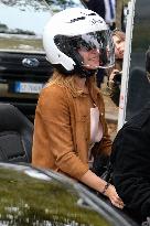 PFW - Emma Watson Leaving Miu Miu Show On Moto Taxi