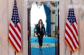 First Lady Melania Trump delivers a statement on Ukrainian children returned to their families from Russian captivity