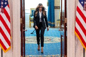 First Lady Melania Trump delivers a statement on Ukrainian children returned to their families from Russian captivity