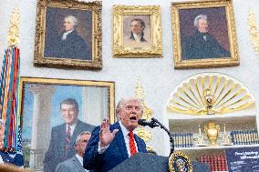 US President Donald Trump announces a drug pricing deal during a press conference in the Oval Office