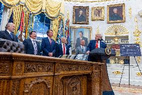 US President Donald Trump announces a drug pricing deal during a press conference in the Oval Office