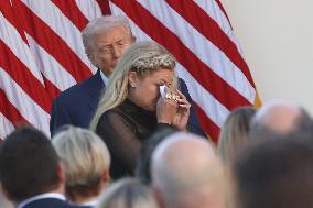 Donald J Trump presents Erika Kirk with the Presidential Medal of Freedom for her late husband Charlie Kirk
