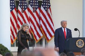 Donald J Trump presents Erika Kirk with the Presidential Medal of Freedom for her late husband Charlie Kirk