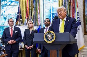 US President Donald Trump and FBI Director Kash Patel speak in the Oval Office