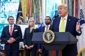 US President Donald Trump and FBI Director Kash Patel speak in the Oval Office