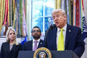 US President Donald Trump and FBI Director Kash Patel speak in the Oval Office
