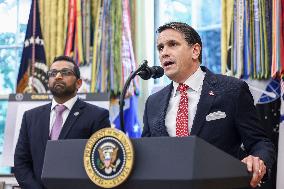 US President Donald Trump and FBI Director Kash Patel speak in the Oval Office