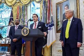US President Donald Trump and FBI Director Kash Patel speak in the Oval Office