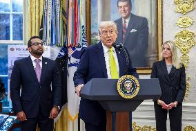 US President Donald Trump and FBI Director Kash Patel speak in the Oval Office