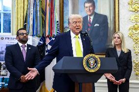 US President Donald Trump and FBI Director Kash Patel speak in the Oval Office