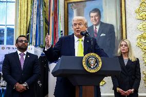 US President Donald Trump and FBI Director Kash Patel speak in the Oval Office