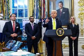 US President Donald Trump and FBI Director Kash Patel speak in the Oval Office