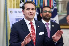 US President Donald Trump and FBI Director Kash Patel speak in the Oval Office