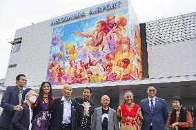 Peace mural on Hiroshima airport exterior wall