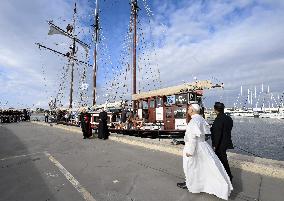 Pope Leo XIV visits Peace Training Ship at Ostia Harbour - Italy