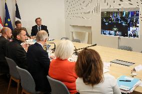 President Macron At Visio Conference of the Coalition of Volunteers At Elysee - Paris