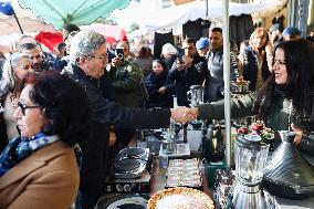 Jean-Luc Melenchon Visit To Market - Choisy-Le-Roi