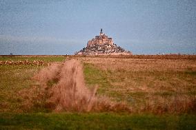 Mont-Saint-Michel and its bay in northwestern France. FC