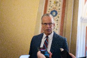 United States Senate Majority Leader John Thune (Republican of South Dakota) speaks to press on the steps of the senate