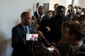 United States House Minority Leader Hakeem Jeffries speaks to press after a press conference on the 41st day of the Democrat Shu