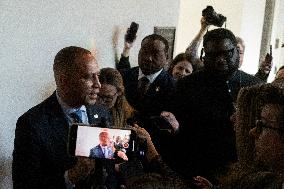 United States House Minority Leader Hakeem Jeffries speaks to press after a press conference on the 41st day of the Democrat Shu