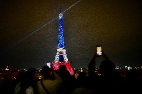 Eiffel Towers, Colors Of the French Flag For The Victims Of November 13th 2015 Terrorist Attacks. FC