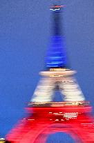 Eiffel Towers, Colors Of the French Flag For The Victims Of November 13th 2015 Terrorist Attacks. FC