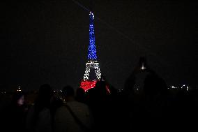 Eiffel Towers, Colors Of the French Flag For The Victims Of November 13th 2015 Terrorist Attacks. FC