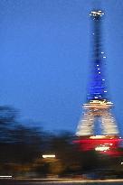 Eiffel Towers, Colors Of the French Flag For The Victims Of November 13th 2015 Terrorist Attacks. FC