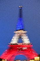 Eiffel Towers, Colors Of the French Flag For The Victims Of November 13th 2015 Terrorist Attacks. FC