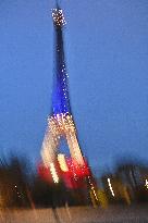 Eiffel Towers, Colors Of the French Flag For The Victims Of November 13th 2015 Terrorist Attacks. FC