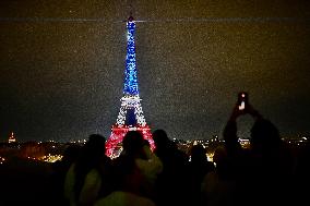 Eiffel Towers, Colors Of the French Flag For The Victims Of November 13th 2015 Terrorist Attacks. FC