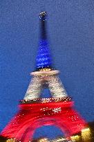 Eiffel Towers, Colors Of the French Flag For The Victims Of November 13th 2015 Terrorist Attacks. FC