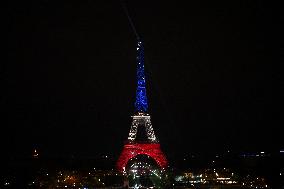 Eiffel Towers, Colors Of the French Flag For The Victims Of November 13th 2015 Terrorist Attacks. FC